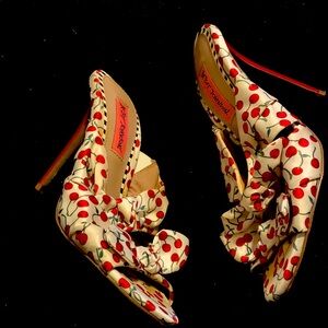 Betsy Johnson cherry print bow strap heels